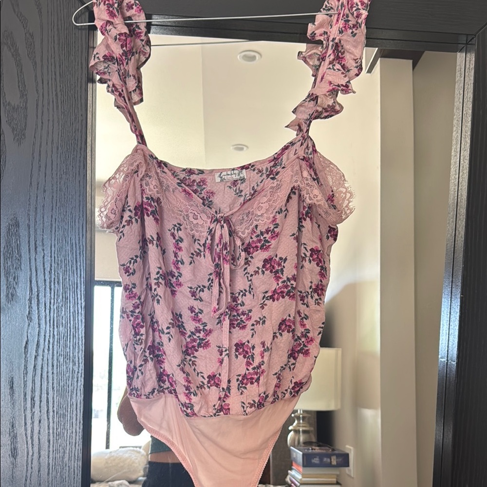 Free People Pink Ruffled Tie Front Sleeveless Bodysuit